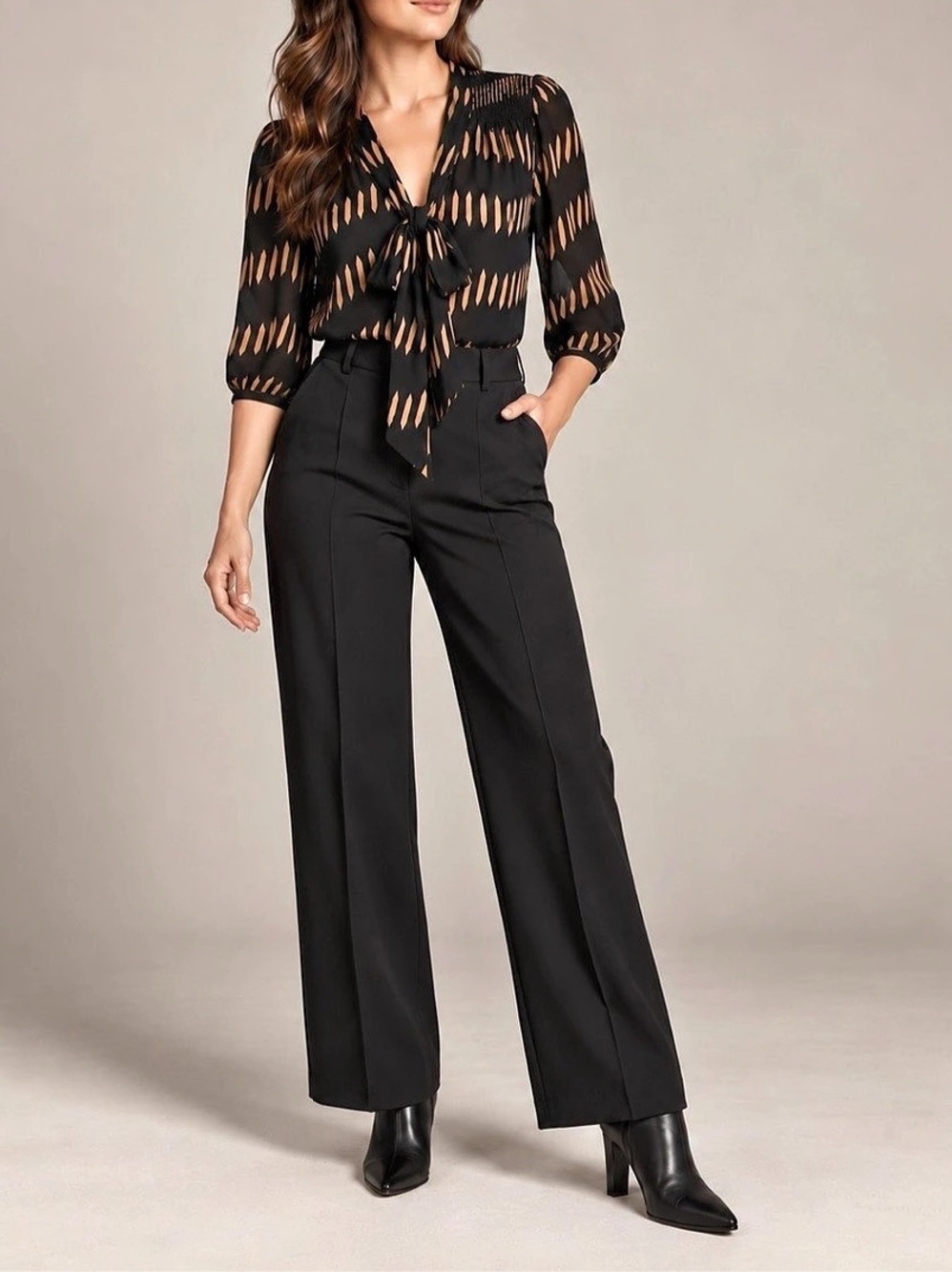 The Limited Black Tan Geometric Tie Neck Blouse Smocked Size Small